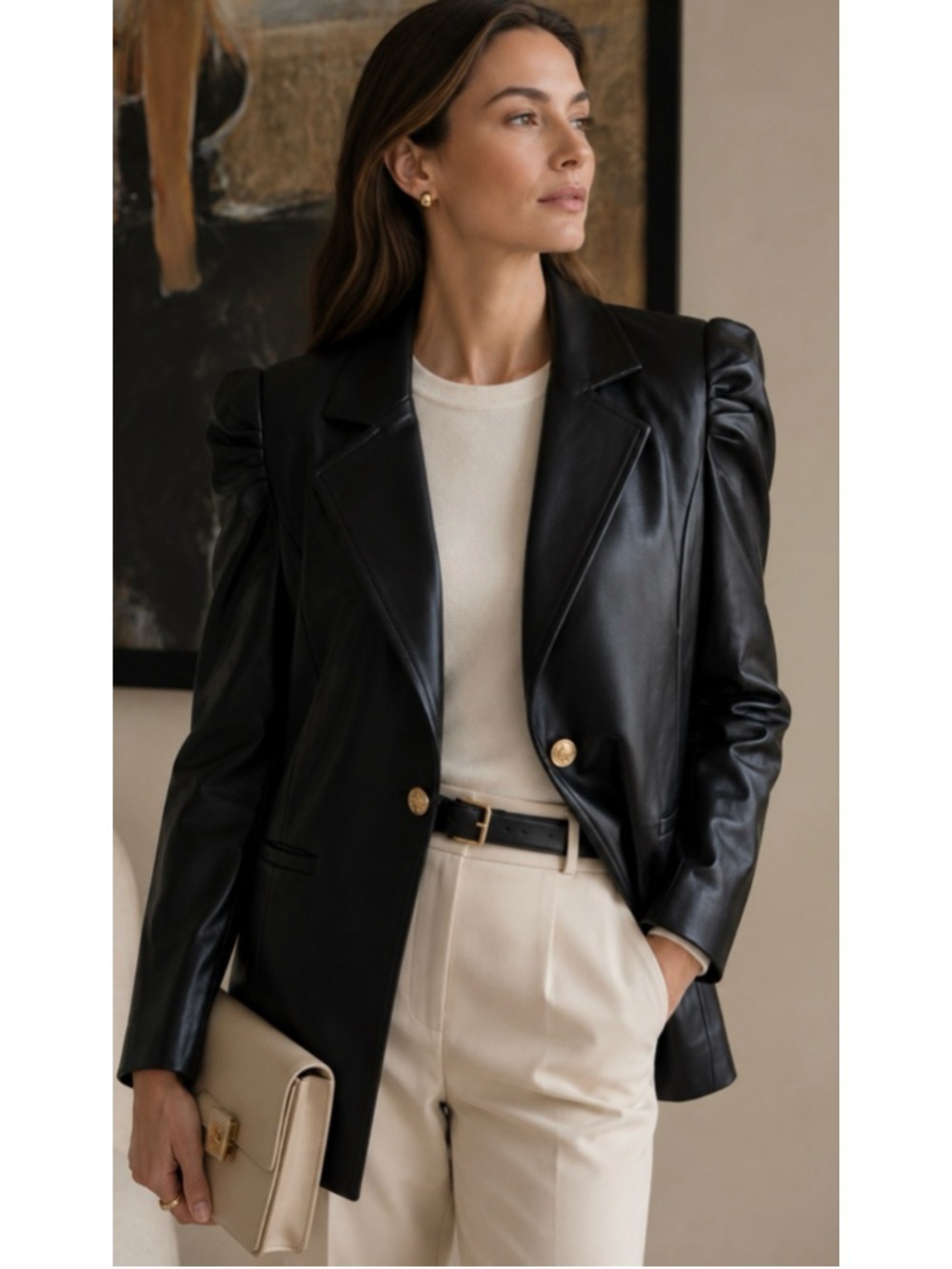 New Women's DOLCE CABO Black Faux Leather Puffed Sleeve Blazer M